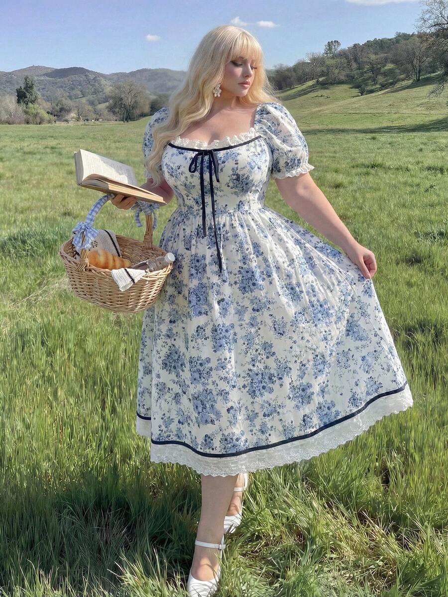 Lyrianda Plus Size Romantic Square Neck Waist Cinched A-Line Dress