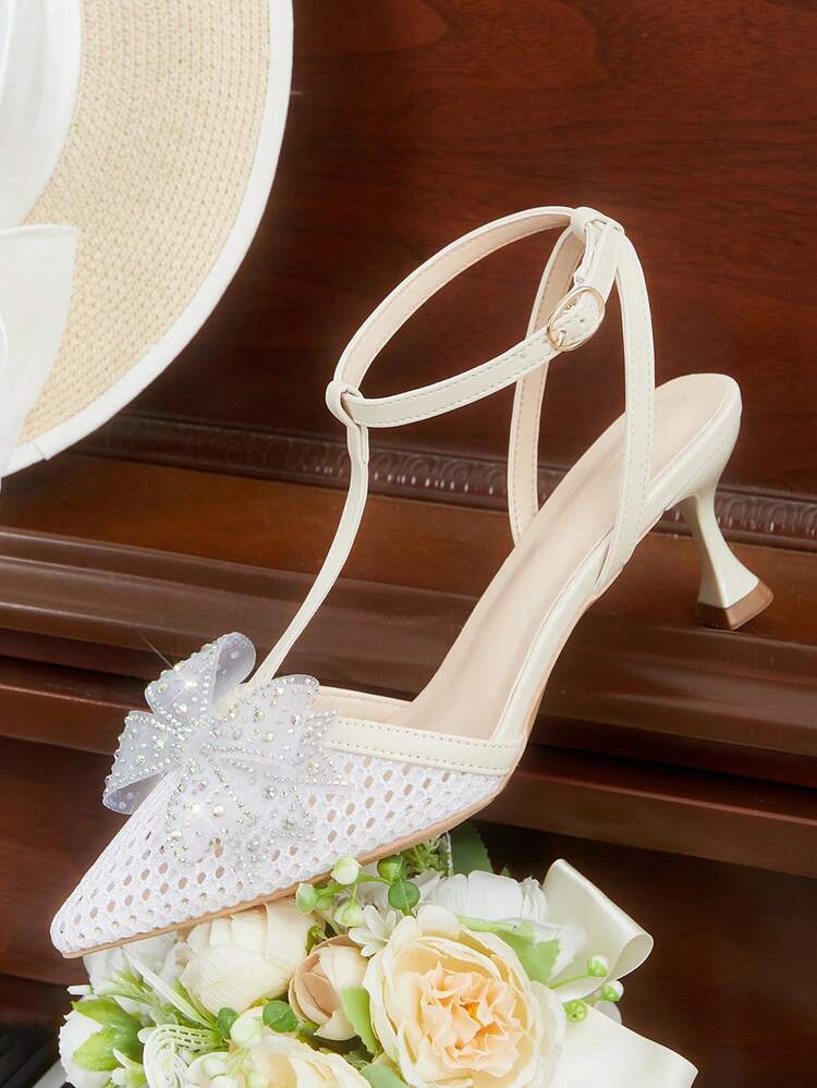 CUCCOO HITCHD Hot Diamond Bow Thin Heel High Heel Romantic Elegant White Glitter PU Mesh Shoes With Bow Women's High Heel Shoes Dress Shoes Bridal Shoes