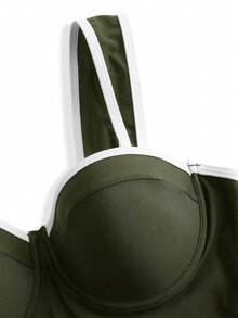 Women's Solid Color One Piece Swimsuit + Skirt, Spring/Summer Outfit - Army Green - View 7