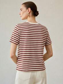PREMIUM WOMEN'S ALL-MATCH ROUND NECK SHORT SLEEVE T-SHIRT, CASUAL VERSATILE STRIPED TOP FOR SUMMER - Coffee Brown - View 3