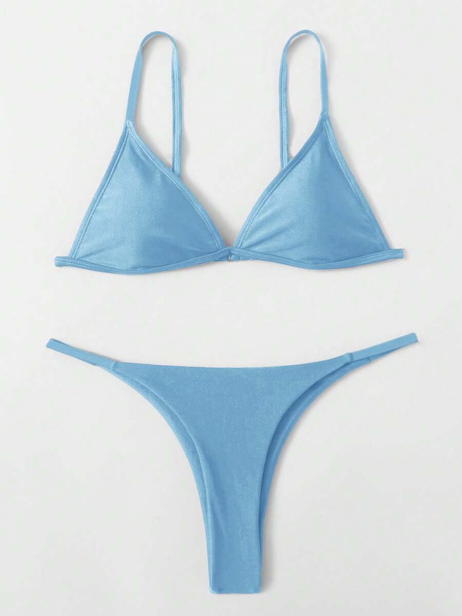 SHEIN Swim Women's Summer Beach Solid Color Spaghetti Strap Bikini And Triangle Briefs Swimsuit Set - Baby Blue - View 1