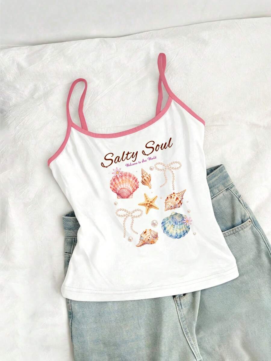 Tween Girls' White Cute Fitted Casual Top, Summer Vacation Ocean Style Sweet Starfish Shell Pearl Bow Print Camisole - White - View 1
