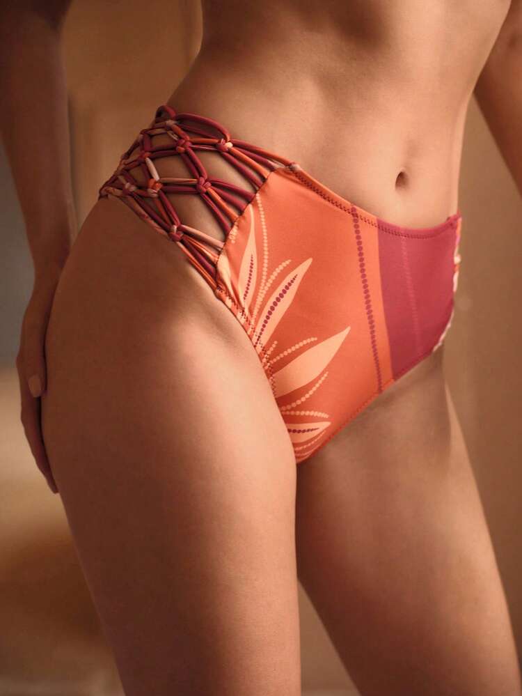 TROPICAL PALM LEAF PRINT MULTICOLOR HARD CUP GATHER HANDMADE WOVEN BOHEMIAN BIKINI SWIMSUIT SET