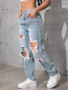 SHEIN ICON 大码女式夏季牛仔风破洞牛仔裤 - 藍色 - 查看 4