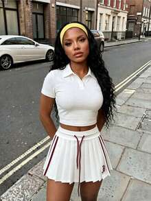 BamGleam Spring Break Letter-Patterned Mini Pleated Skirt, Y2K Preppy Style Cute Color-Blocked Mini Pleated Skirt, Sexy Music Festival Summer Casual White Summer Outfit, Back-To-School Casual Wear. - White - View 7