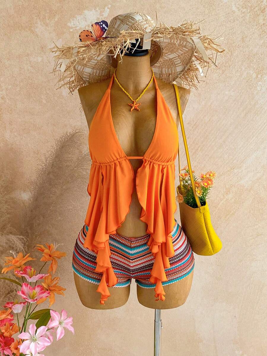 Soleia Quần short đi biển kiểu Bohemian đan móc, quần dài đi biển mùa hè cạp cao dệt kim, quần short mini; kèm áo hai dây gợi cảm màu trơn vạt lệch cho nữ mùa hè. - trái cam - Xem 1