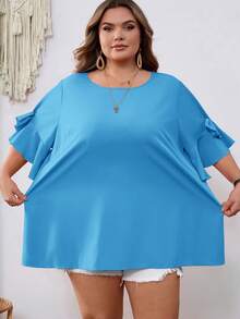 SHEIN CURVE+ Áo sơ mi nữ màu hồng cánh sen cổ tròn trang trí nơ, cỡ US22, phong cách Bohemia, thích hợp cho lễ hội âm nhạc, kỳ nghỉ bên bờ biển, mùa hè. - Màu xanh lam - Xem 7