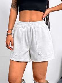 Teen Girl Y2K Light Fashionable Light Washed Elastic Waist Fitted Baggy Denim Shorts, Suitable For Summer, Back To School, Graduation - White - View 4