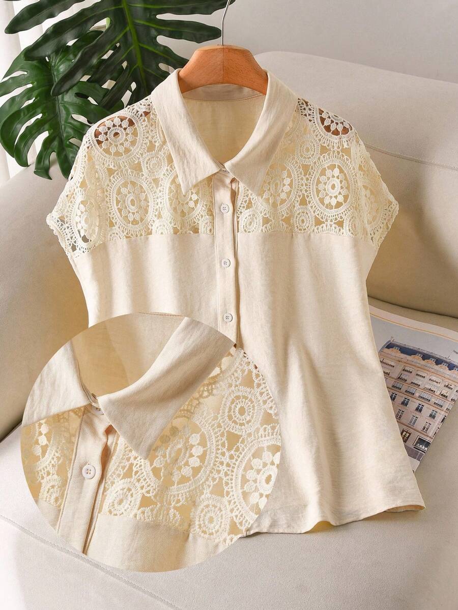 CosyJoli Áo sơ mi cỡ lớn, Áo sơ mi công sở cỡ lớn, Áo kiểu thanh lịch, Áo sơ mi cổ bẻ tay cánh dơi cỡ lớn, Áo màu mơ, Áo cài nút phía trước, Áo kiểu ren phối cỡ lớn, Áo thanh lịch cho buổi hẹn hò, Áo kiểu ngày của Mẹ, Trang phục công sở - Màu be - Xem 1