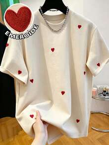 2026 Women's Casual Short Sleeve Round Neck Heart Embroidery Loose Basic T-Shirt - Apricot - View 1