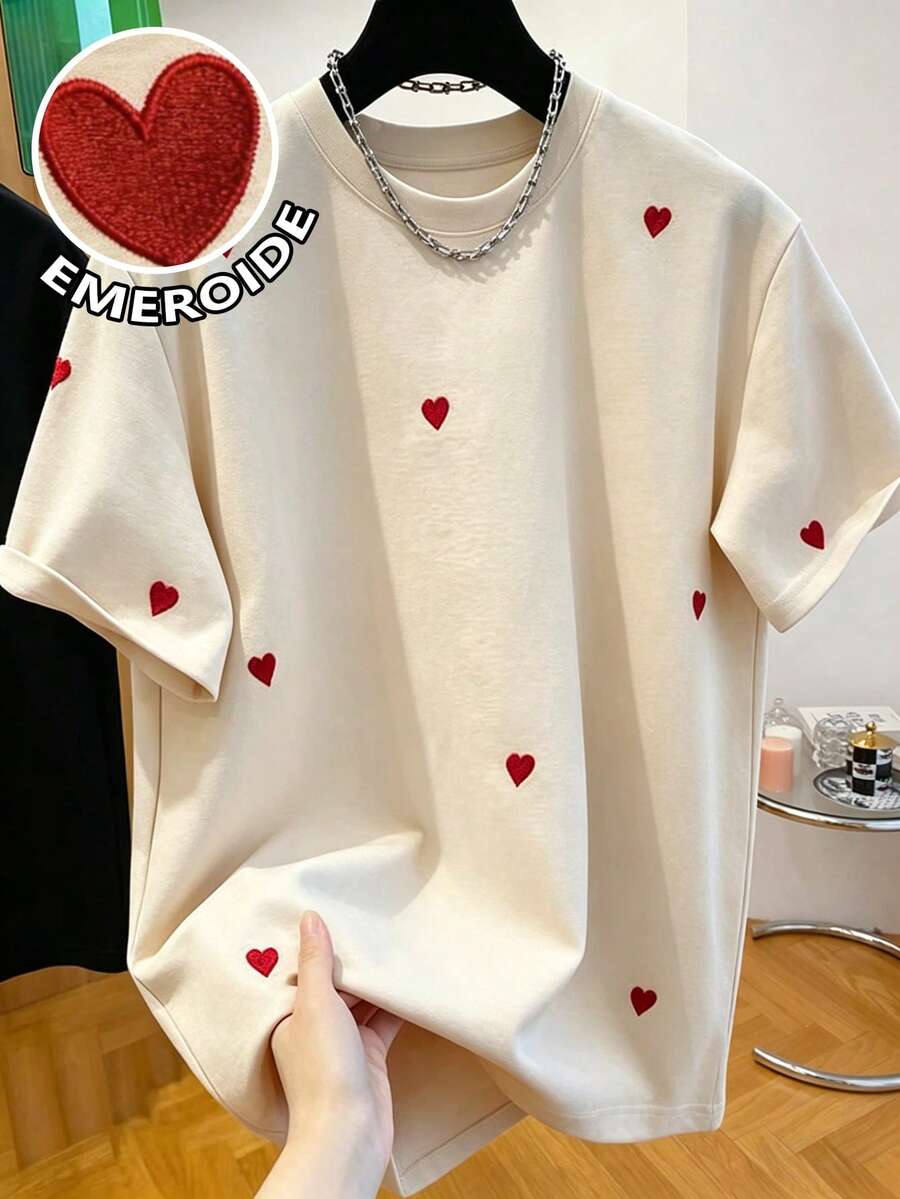 2026 Women's Casual Short Sleeve Round Neck Heart Embroidery Loose Basic T-Shirt - Apricot - View 1
