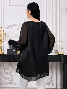 Modelyn Plus Size Women's Rhinestone Decor Round Neck Mesh Lantern Sleeve Arabic Style Top - Black - View 5