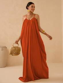Vesra Spaghetti Strap Deep V-Neck Backless Pleated Dress With Draped Tail, Sexy & Elegant For Women - Burnt Orange - View 6