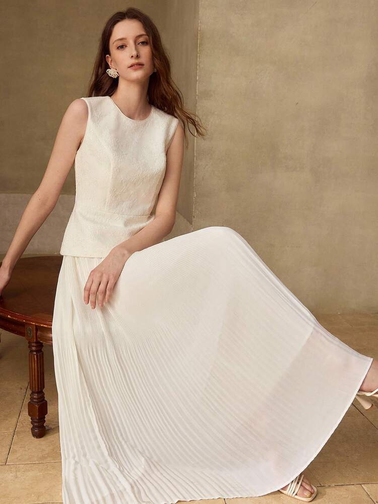 WOMEN'S SPRING/SUMMER CONTRAST LACE PLEATED MAXI ELEGANT DRESS