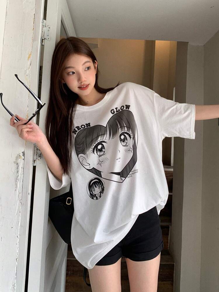 Women's Cartoon Print Round Neck Short Sleeve T-Shirt
