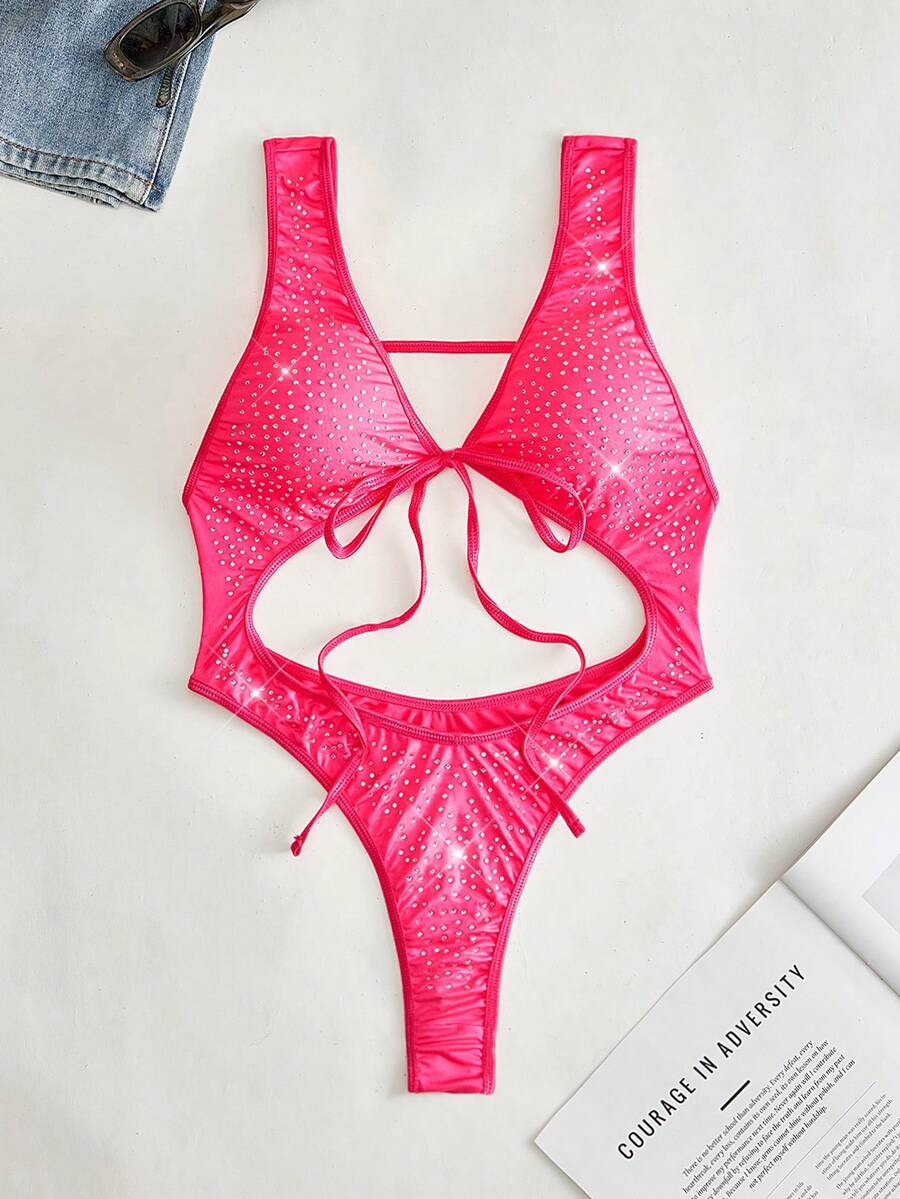 SuitURBody Bộ jumpsuit gợi cảm kiểu Y2K màu hồng cánh sen đính đá lấp lánh, thắt dây, khoe vòng một quyến rũ, thích hợp cho hộp đêm, tiệc tùng, lễ hội âm nhạc, trang phục đi club. - Màu Hồng Tươi - Xem 1
