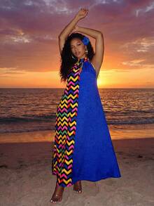 VaVaBold Women's Color Block Halter Neck Casual Vacation Dress, Suitable For Summer - Multicolor - View 3