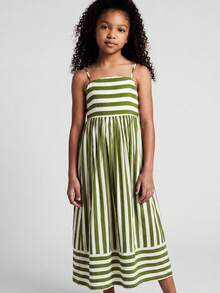 Maija Kids Maija Kids 1 chiếc đầm maxi kẻ sọc xanh lá cây thanh lịch, thoải mái, kiểu dáng sinh viên dành cho bé gái tuổi teen, thích hợp mặc hàng ngày, đi học, đi chơi, chơi thể thao, mùa xuân và mùa hè. - màu xanh lá - Xem 6