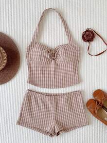 Comfortcana Women's Plaid Halter Top And Super Short Shorts Set - Pink - View 6