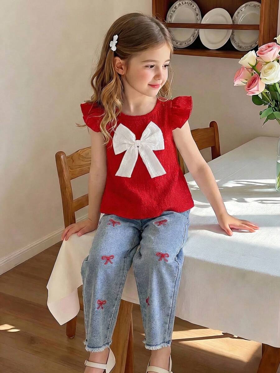 Vintaside Kids 2件組少女夏季生日紅色荷葉袖蝴蝶結上衣 & 牛仔長褲套裝，刺繡裝飾甜美時尚休閒外出服