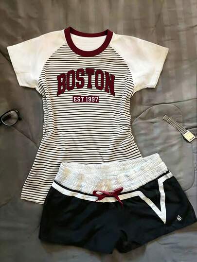 Glimmora Women's Casual Outdoor Sports Tops, Summer New Arrival, Colorblock Design, Graphic Print, Striped Pattern, Letter Graphic, Suitable For Dates, Street Photography, Women's Short Sleeve T-Shirt
