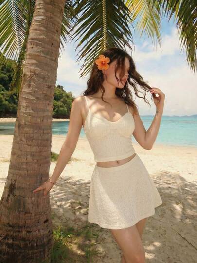 SHEIN MOD Apricot Faux Fur Beaded Camisole Mini Dress Vacation Set,Spring/Summer Outfits For Women,Party Top,Beach Outfits For Women, Elegant Dresses, Vacation, Holiday,Going Out