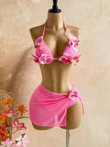 Soleia Women's Cute 3D Floral Halter Tie Bikini Two-Piece Swimwear With Cover Up Skirt 3 Pieces Set - Pink - View 4