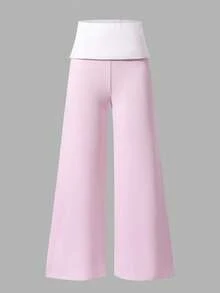 SHEIN Pantalon droit à rayures roses vives pour adolescentes, taille contrastée blanche, tissu super doux et confortable, convient pour l'école, les déplacements et les activités extérieures - Rose bonbon - Voir 3