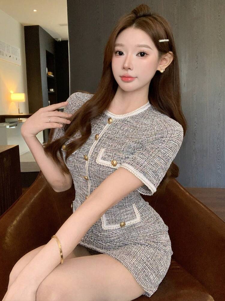 Women's Elegant Contrast Trim Button Decor Mini Party Dress