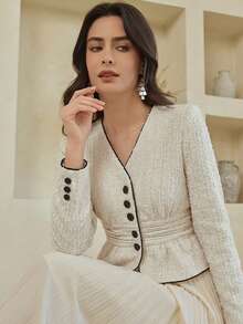 Dazy-Less Chaqueta elegante de manga larga para mujer con decoración de líneas, ajuste ceñido para uso en la oficina, primavera y verano - Blanco - Ver 3