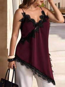 Elegantrix Plus Size Women Urban Casual Lace Asymmetric Hem V-Neck Patchwork Solid Color Camisole Gym Brown Summer - Rose Red - View 4