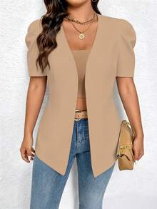 SHEIN Elenzya Áo khoác blazer nữ cỡ lớn, màu trơn, kiểu dáng tối giản, nhẹ nhàng. - Màu Khaki - Xem 5