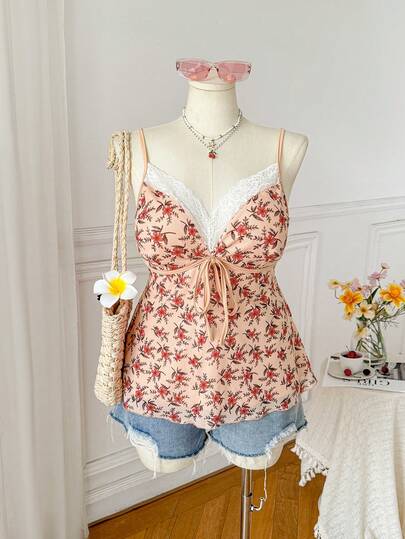 Comfortcana Spring/Summer New Floral Lace-Up Contrast Color Plus Size Women Casual Camisole