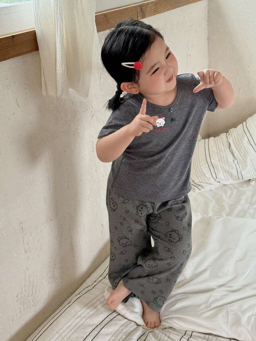 2件套女婴蕾丝拼接长袖卡通印花上衣和宽松印花休闲裤家居服套装 - 灰色 - 查看 1