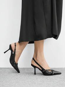 CUCCOO BIZCHIC 女士尖头性感后跟替换扣低鞋面套脚细高跟通勤布多功能侧镂空女式高跟鞋 - 金屬黑 - 查看 4