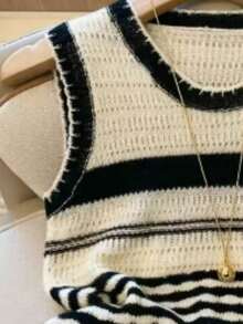 Áo vest dệt kim cổ tròn kẻ sọc dành cho nữ, kiểu dáng thường ngày, đa năng. - Đen và trắng - Xem 3