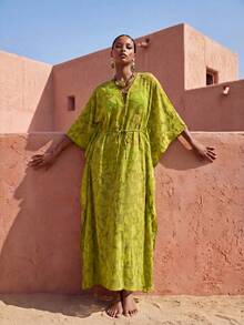 New Women's Elegant Hollow-Out Lace Maxi Cover Up Dress, Suitable For Beach, Pool Party, Vacation. Available In Military Green, Robe Style Cover Up Summer - Army Green - View 11