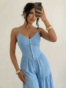 Swim SXY 2026 New Spring/Summer Vacation Style Casual & Elegant Spaghetti Strap Design With Front Button Decor & Waist Cinched Wide Leg Loose Jumpsuit For Women - Blue - View 8