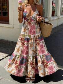 SHEIN LUNE Robe d'été décontractée et d'été pour vacances, imprimé tout-sur-tout, style dos nu et col montant - Multicolore - Voir 1