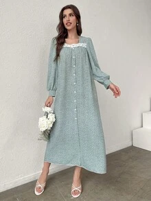 Yasmyna 女士春夏紫红色编织花卉印花白色蕾丝系带长袖优雅浪漫阿拉伯风格连衣裙 - 綠色 - 查看 5