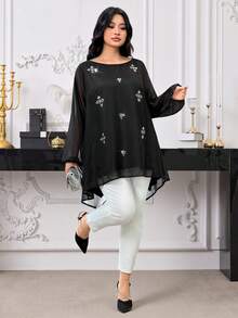 Modelyn Plus Size Women's Rhinestone Decor Round Neck Mesh Lantern Sleeve Arabic Style Top - Black - View 9