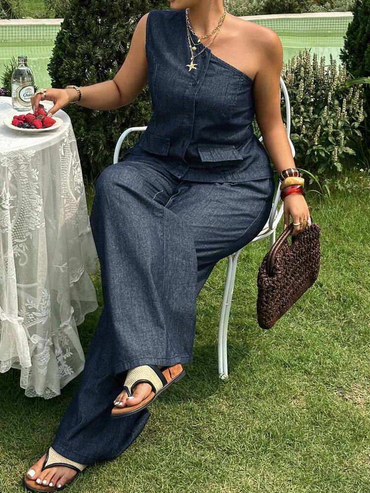 Dazy Plus Plus Size Women Blue Asymmetrical Shoulder Short Sleeve Top And Wide Leg Jeans Set, Casual Denim Outfit For Spring And Summer