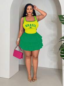 Slaydiva Women's Plus Size Green Summer Grunge Everyday Brasil Letter Print Slim Cropped Tank Top And Layered Ruffle Shorts 2pcs Set,Music Festival Outfit - Multicolor - View 5