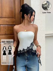 Siren Gaze Petite 哑光缎面蕾丝边抹胸上衣，夏季休闲装 - 杏色 - 查看 6