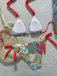 Swim Vcay Bộ bikini hai mảnh in họa tiết hoa nhiều màu sắc, gồm áo tam giác buộc dây cổ và quần buộc nơ bên hông, thích hợp cho mùa hè đi biển. - Nhiều màu - Xem 2
