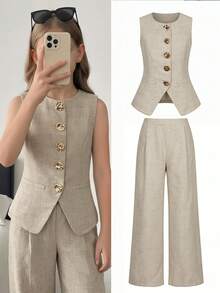 SHEIN Conjunto de 2 piezas de top sin mangas con cuello cuadrado y botones metálicos, y pantalones rectos, elegante y casual para niñas preadolescentes, color beige - Albaricoque - Ver 1