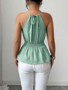 Elenzga Áo vest không tay ôm dáng thanh lịch màu xanh lá cây dành cho nữ, dây mảnh, đính hạt gỗ, thiết kế dây rút, thích hợp cho mùa xuân/hè. - màu xanh lá - Xem 2