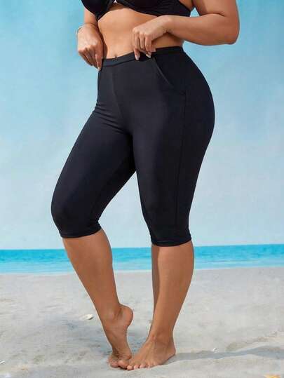 Swim Mulvari 大码女士纯色开衩口袋及膝短裤，保守中东泳装下装