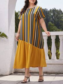 Mulvari Vestido de verano de cuello redondo para mujeres de talla grande - Mostaza Amarilla - Ver 3