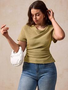 Elegantrix Áo thun nữ cỡ lớn tay ngắn cổ xếp ly kiểu Pháp, thích hợp mặc mùa xuân/hè. - Màu Mù tạt vàng - Xem 5